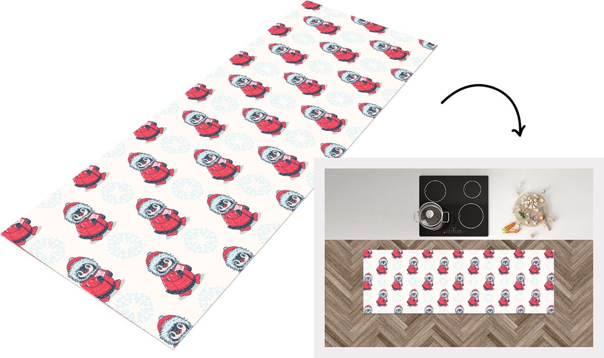 KitchenYeah Keukenloper - Loper keuken - Pinguïn - Sneeuw - Brief - Kerst - Patronen - 150x50 cm - Keukenloper vinyl Multicolor