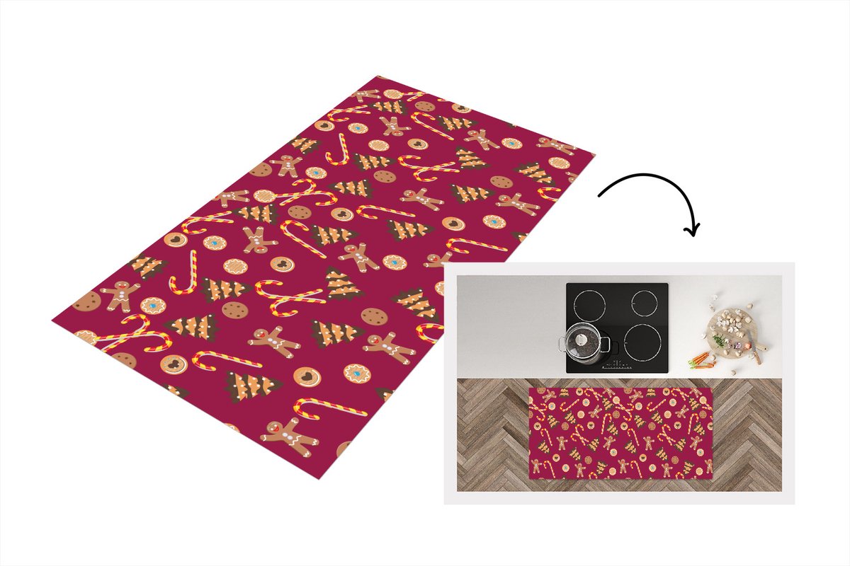 KitchenYeah Keukenloper - Loper keuken - Kerst - Zuurstok - Peperkoek - Patronen - 120x60 cm - Keukenloper vinyl Multicolor