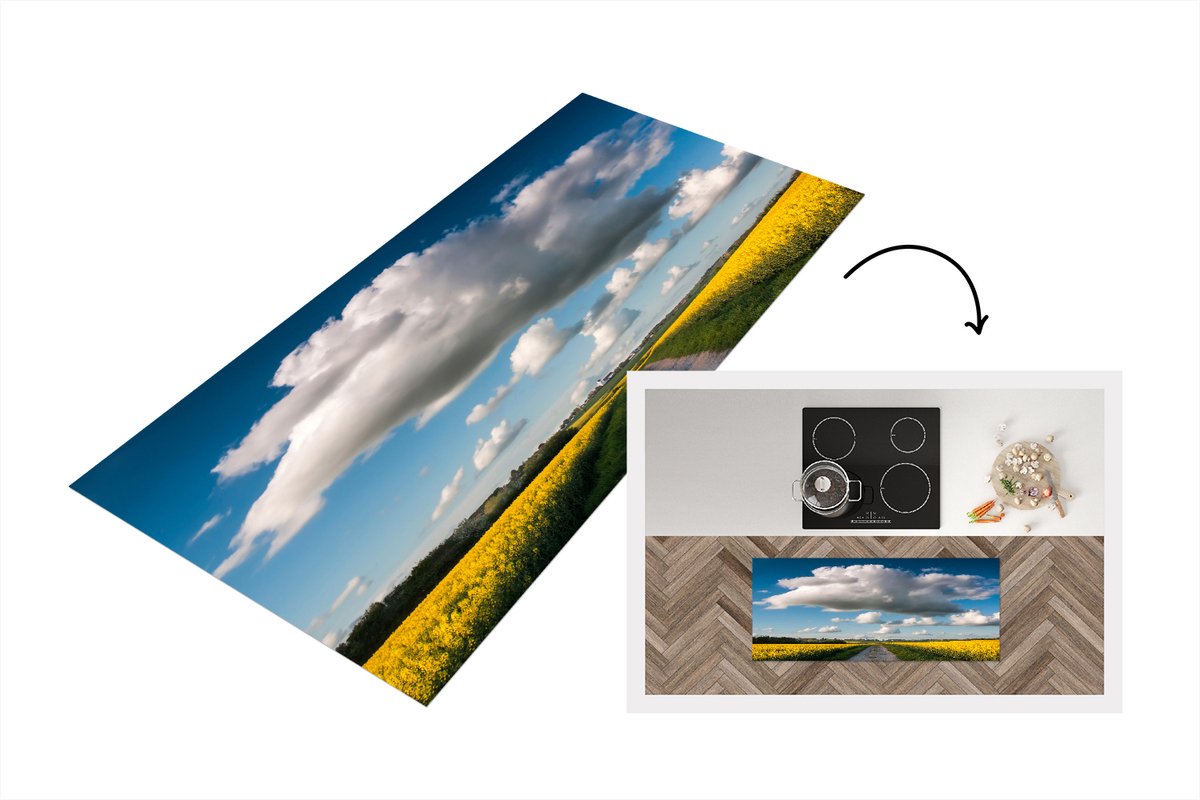KitchenYeah Keukenloper - Loper keuken - Wolken boven een geel veld - 120x50 cm - Keukenloper vinyl Multicolor