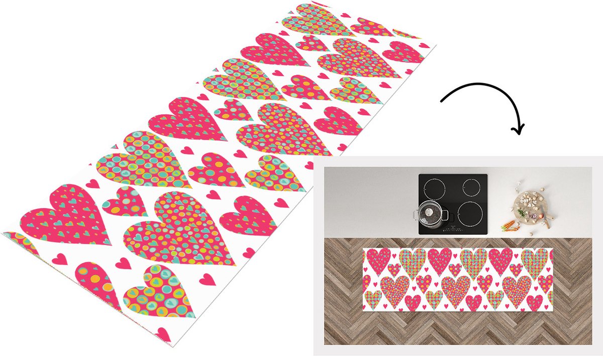 KitchenYeah Keukenloper - Loper keuken - Meisje - Hart - Love - Patronen - 180x60 cm - Keukenloper vinyl Multicolor