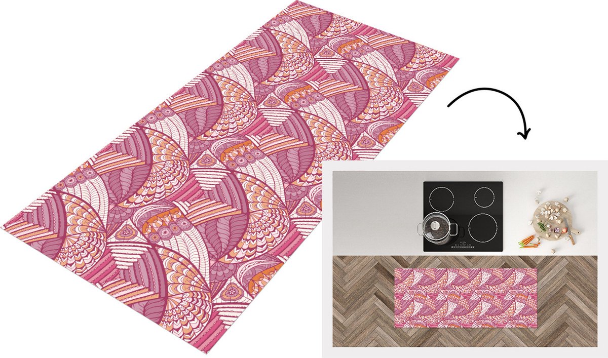 KitchenYeah Keukenloper - Loper keuken - Meiden - Veren - Roze - Patronen - 120x50 cm - Keukenloper vinyl Multicolor