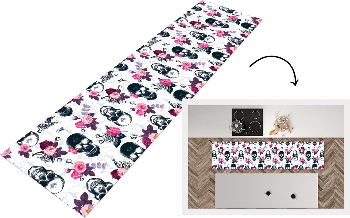 KitchenYeah Keukenloper - Loper keuken - Tieners - Skull - Roos - Patronen - 240x60 cm - Keukenloper vinyl Multicolor