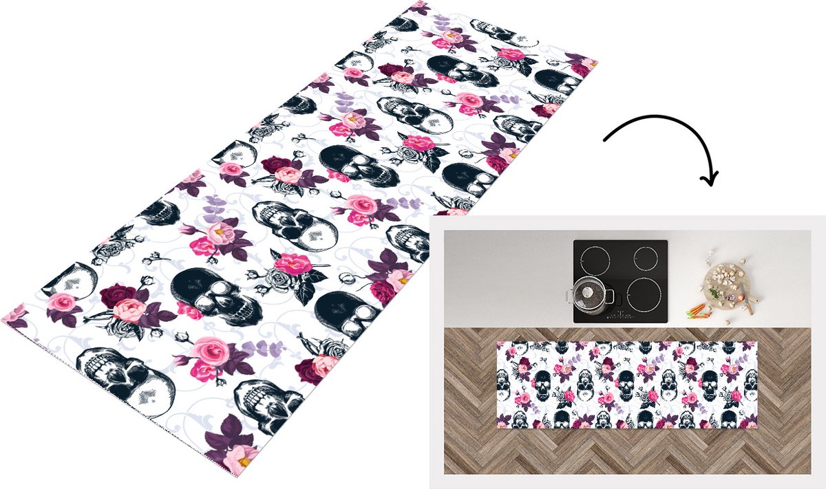 KitchenYeah Keukenloper - Loper keuken - Tieners - Skull - Roos - Patronen - 180x60 cm - Keukenloper vinyl Multicolor