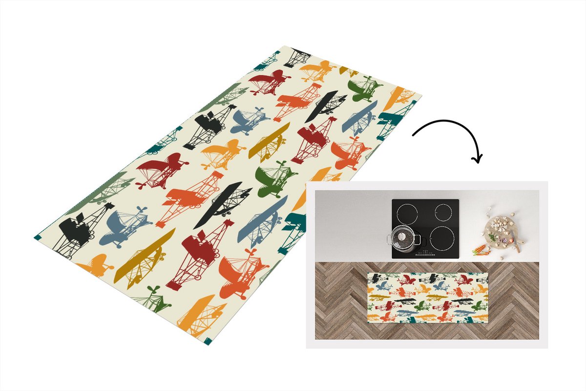 KitchenYeah Keukenloper - Loper keuken - Patronen - Vliegtuig - Retro - 120x50 cm - Keukenloper vinyl Multicolor