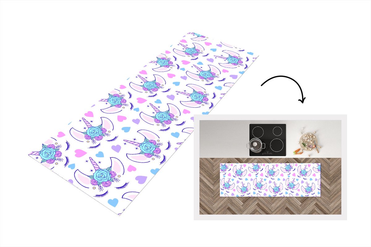 KitchenYeah Keukenloper - Loper keuken - Meiden - Unicorn - Bloemen - Patronen - 180x60 cm - Keukenloper vinyl Multicolor