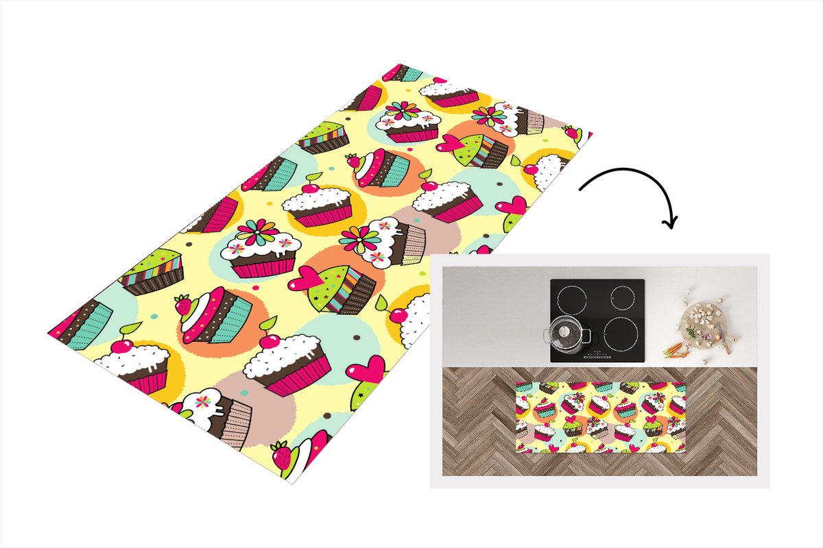 KitchenYeah Keukenloper - Loper keuken - Meisjes - Cupcake - Patronen - 120x50 cm - Keukenloper vinyl Multicolor