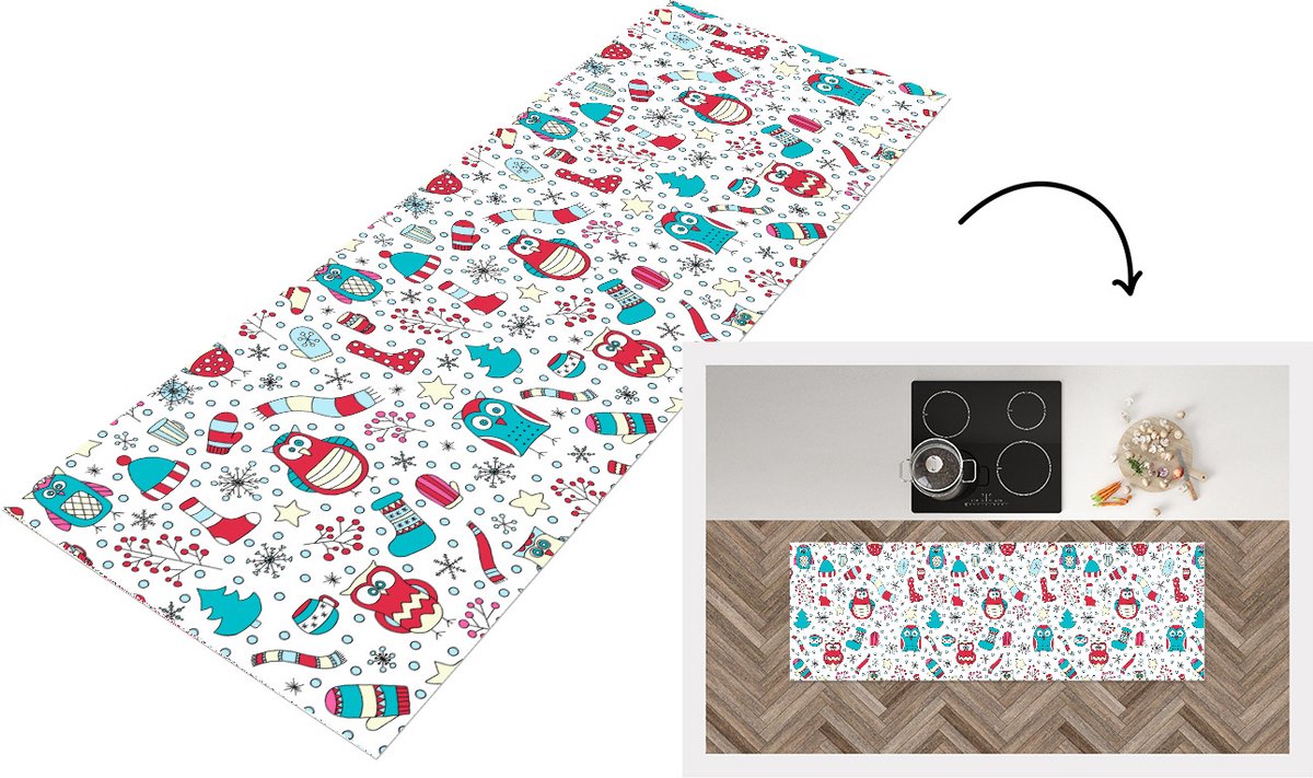 KitchenYeah Keukenloper - Loper keuken - Patronen - Uil - Kerst - 180x60 cm - Keukenloper vinyl Multicolor