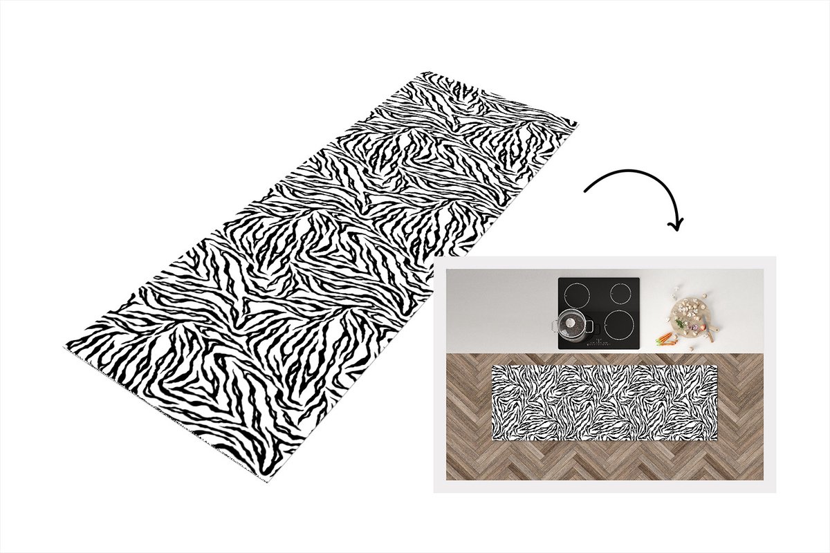 KitchenYeah Keukenloper - Loper keuken - Tijgerprint - Zwart - Wit - Dieren - Patronen - 150x50 cm - Keukenloper vinyl Multicolor