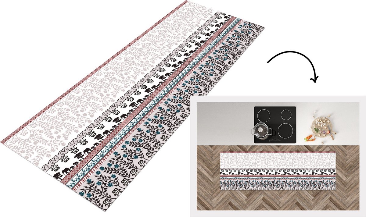 KitchenYeah Keukenloper - Loper keuken - Patronen - Safari - Olifant - Afrika - 180x60 cm - Keukenloper vinyl Multicolor