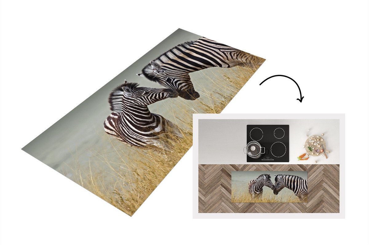 KitchenYeah Keukenloper - Loper keuken - Moeder zebra en haar jong - 120x50 cm - Keukenloper vinyl Multicolor