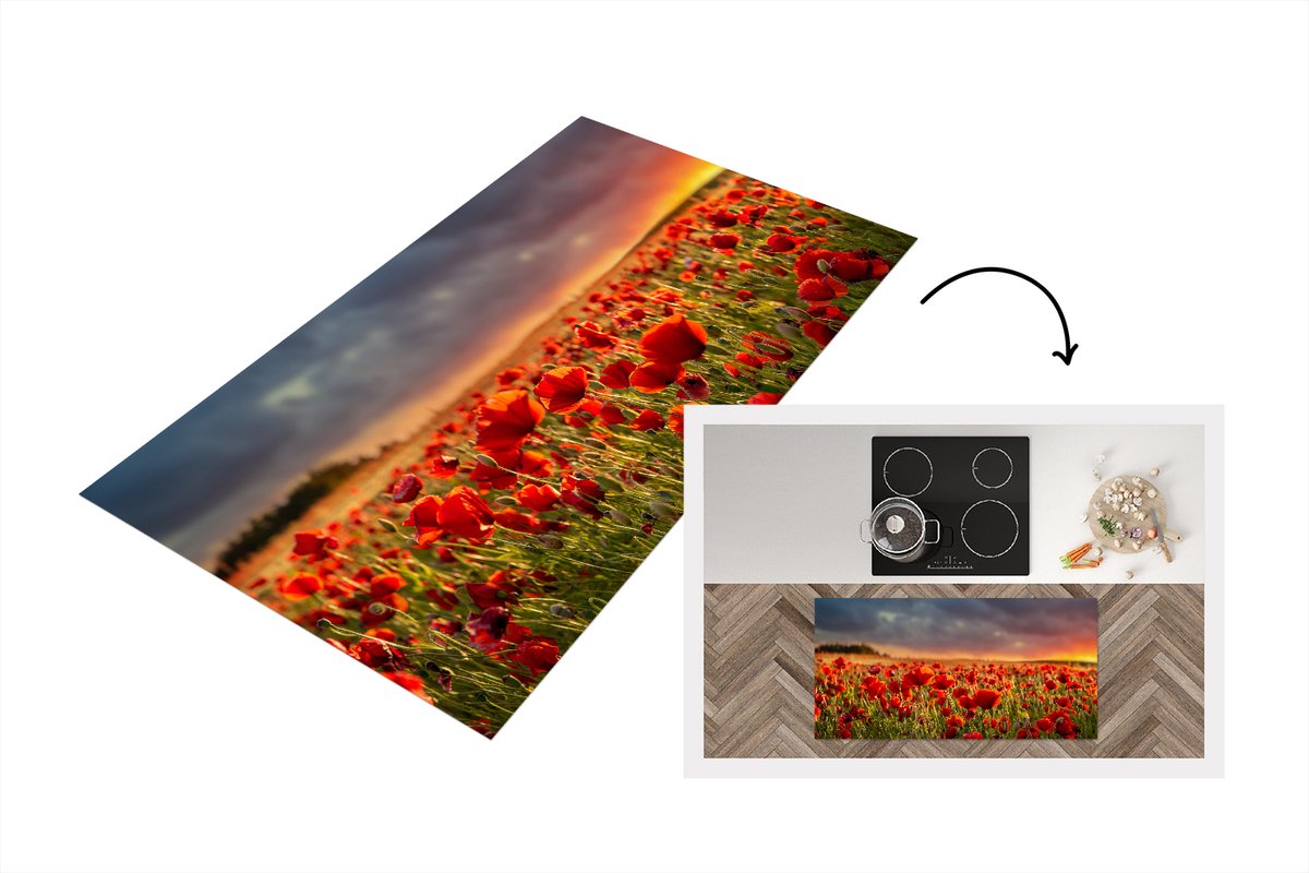 KitchenYeah Keukenloper - Loper keuken - Zonsondergang bij een veld vol Klaprozen - 120x60 cm - Keukenloper vinyl Multicolor