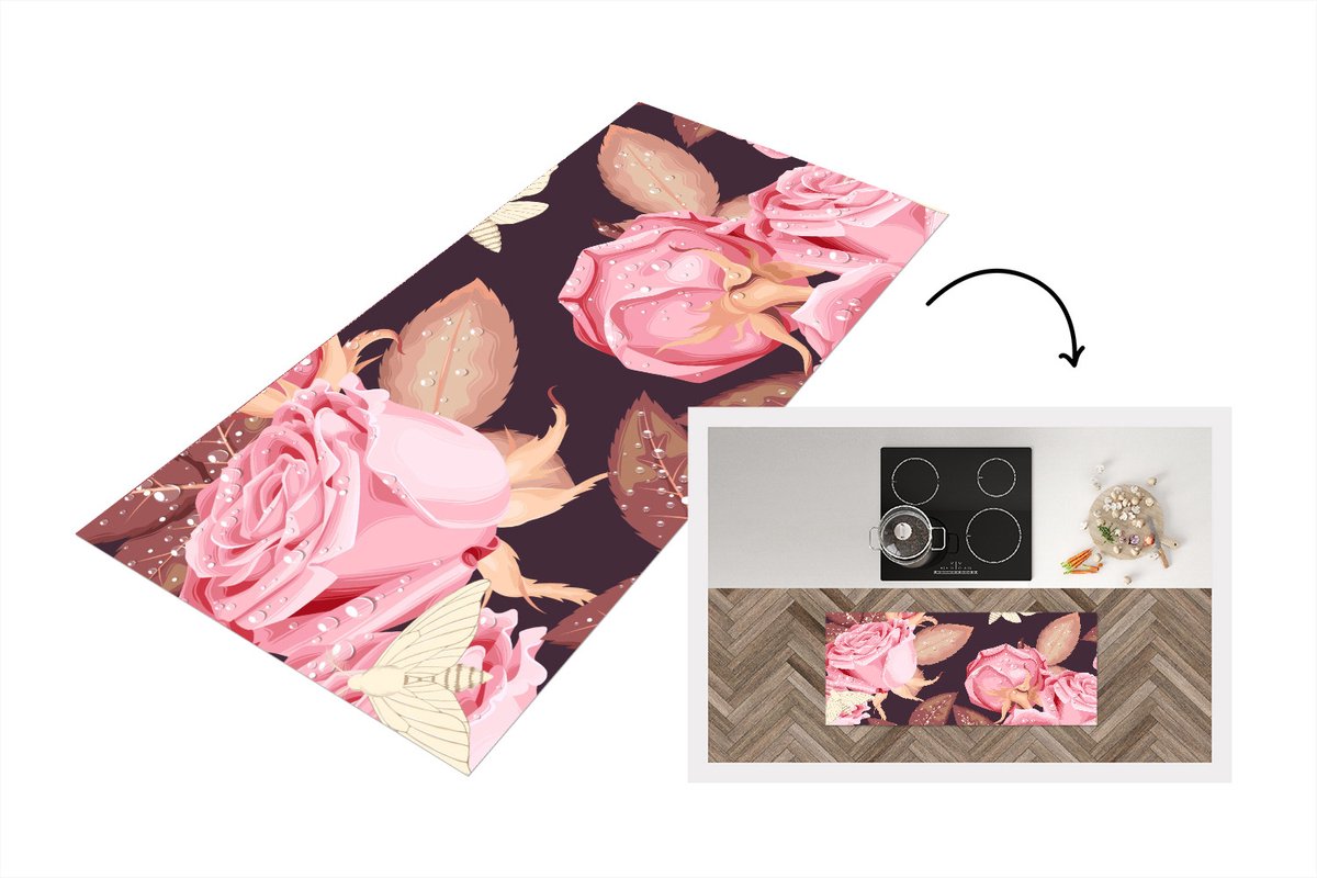 KitchenYeah Keukenloper - Loper keuken - Rozen - Waterdruppels - Insecten - Keukenloper vinyl Multicolor