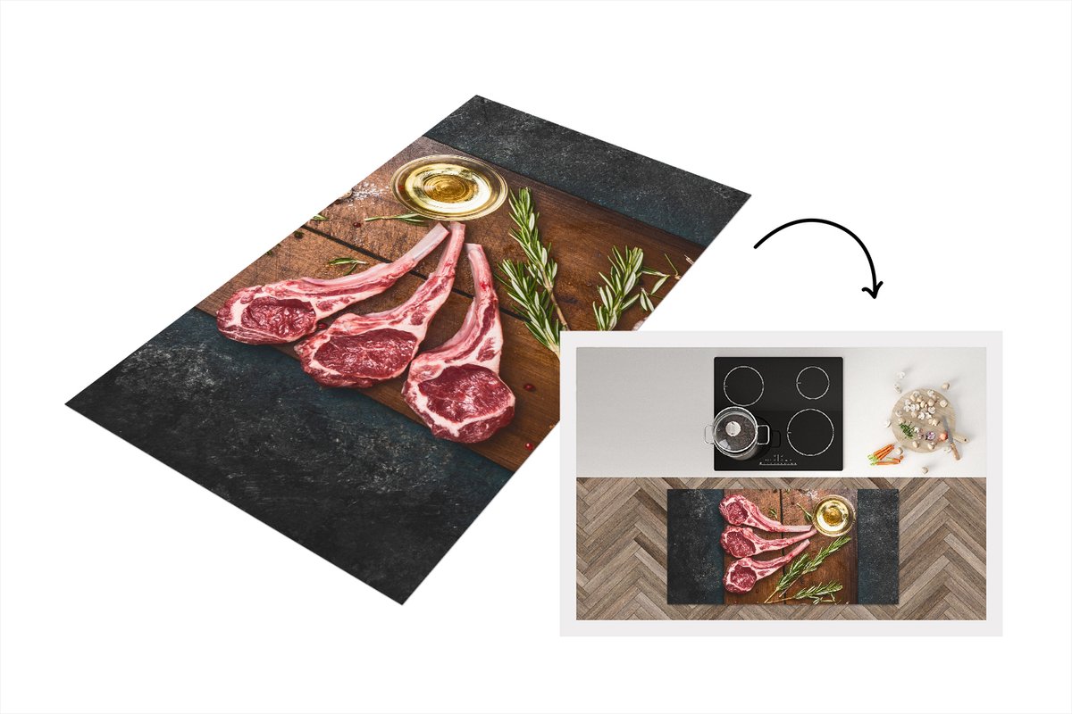 KitchenYeah Keukenloper - Loper keuken - Lamsvlees op een donkere houten snijplank - 120x60 cm - Keukenloper vinyl Multicolor
