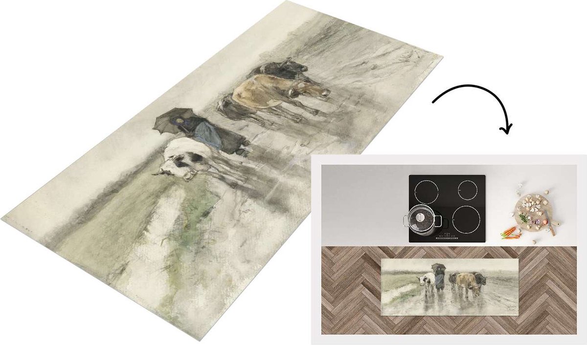 KitchenYeah Keukenloper - Loper keuken - Een boerin met koeien op een landweg in de regen - Schilderij van Anton Mauve - 120x50 cm - Keukenloper vinyl Multicolor