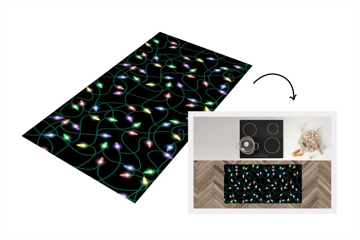 KitchenYeah Keukenloper - Loper keuken - Lichtsnoer - Kerstmis - Pastel - Patronen - 120x60 cm - Keukenloper vinyl Multicolor