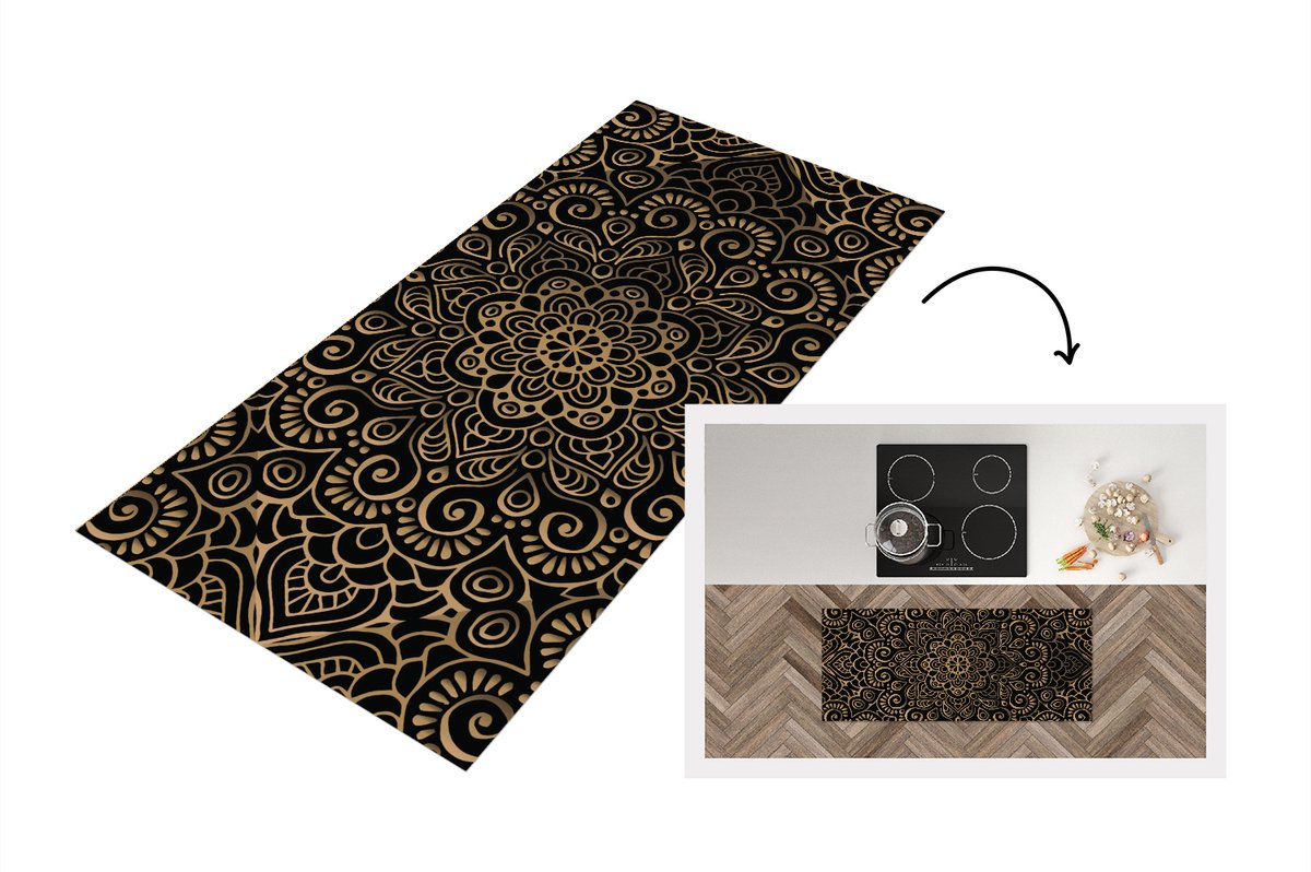 KitchenYeah Keukenloper - Loper keuken - Gouden patroon op een zwarte achtergrond - 120x50 cm - Keukenloper vinyl Multicolor