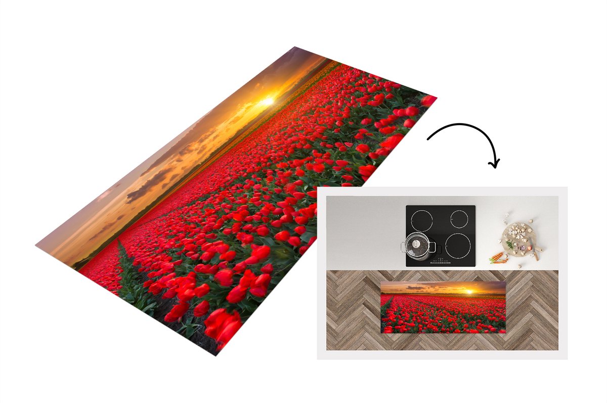 KitchenYeah Keukenloper - Loper keuken - De zon schijnt over de vele rode tulpen - 120x50 cm - Keukenloper vinyl Multicolor