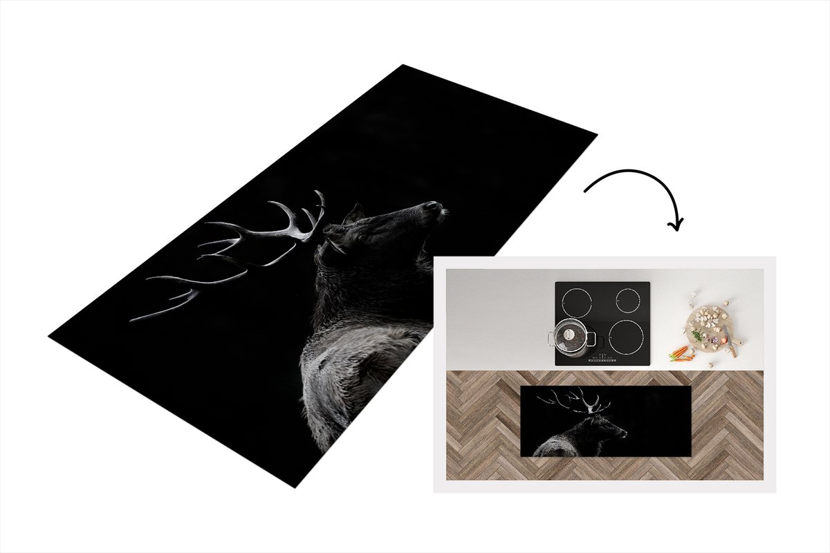 KitchenYeah Keukenloper - Loper keuken - Hert - Zwart Wit - Portret - 120x50 cm - Keukenloper vinyl Zwart; Wit