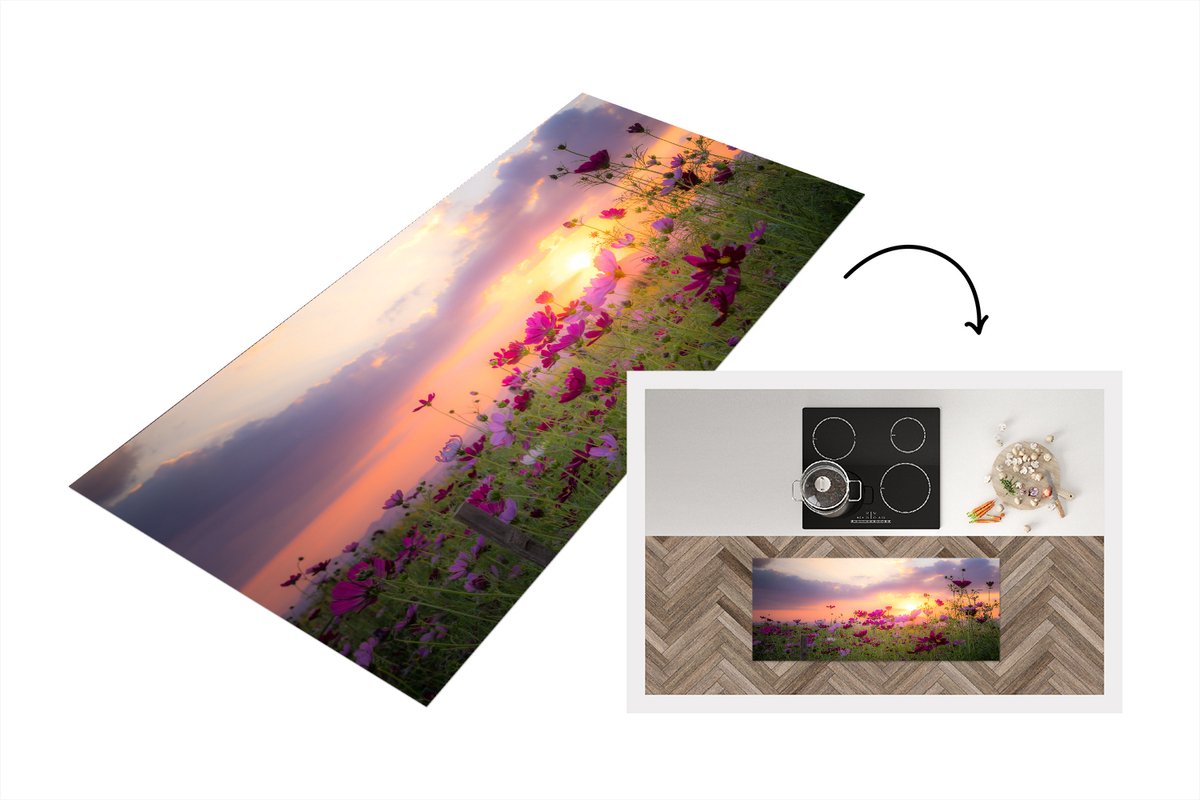 KitchenYeah Keukenloper - Loper keuken - Zonsondergang - Bloemen - Roze - Keukenloper vinyl Multicolor