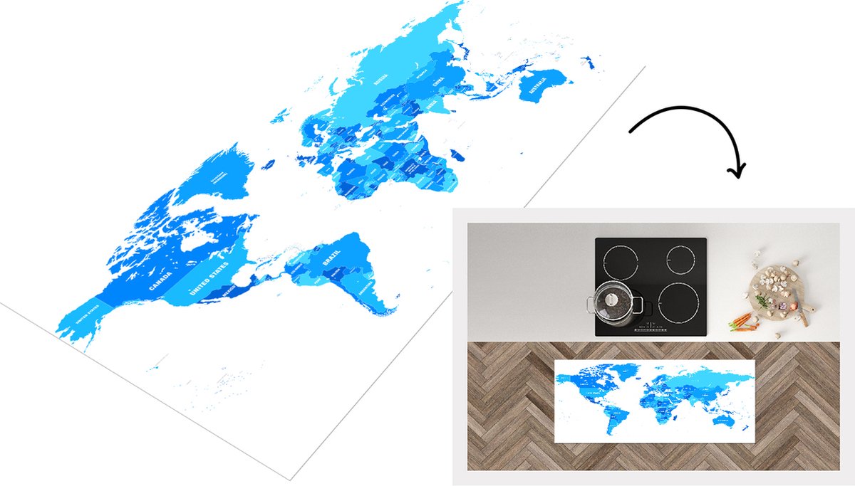 KitchenYeah Keukenloper - Loper keuken - Wereldkaart - Blauw - Letters - 120x50 cm - Keukenloper vinyl Multicolor