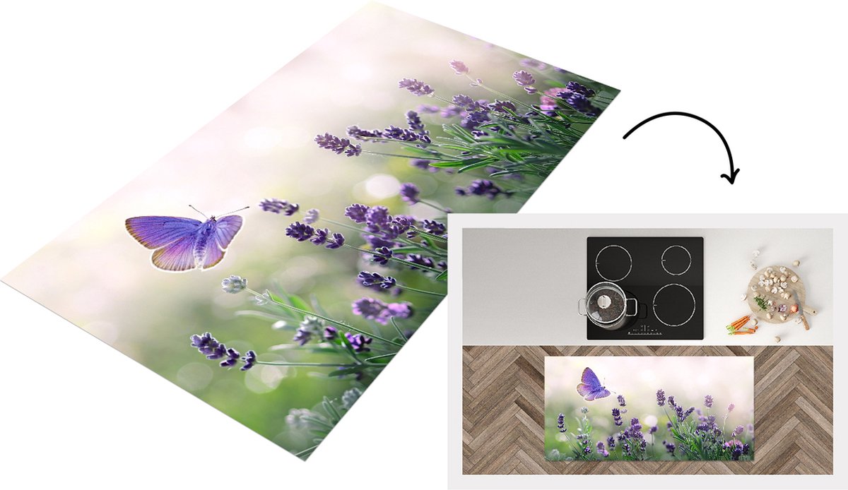 KitchenYeah Keukenloper - Loper keuken - Bloemen - Vlinder - Lavendel - Zomer - 120x60 cm - Keukenloper vinyl Multicolor