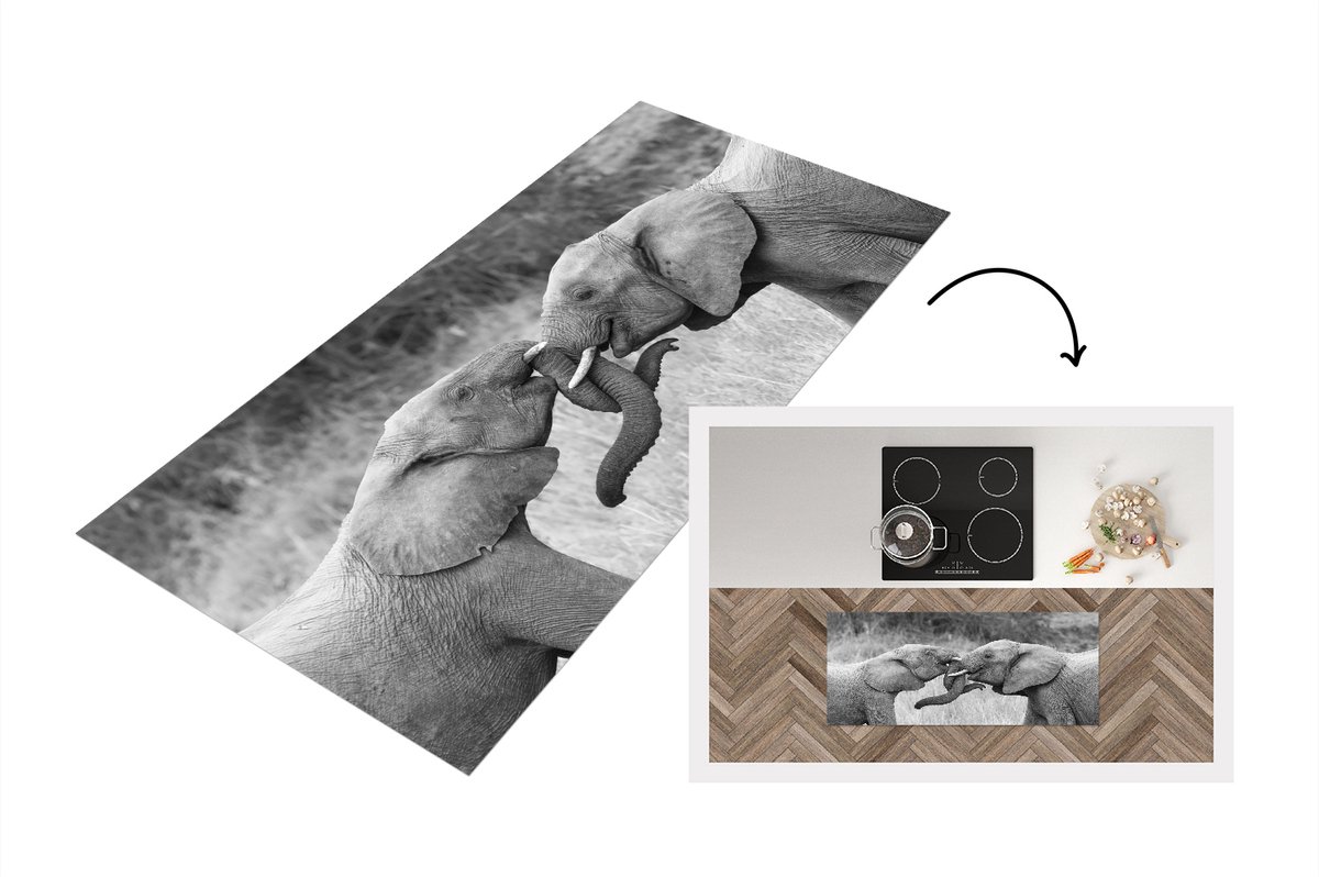 KitchenYeah Keukenloper - Loper keuken - Olifant - Knuffel - Gras - Keukenloper vinyl Multicolor