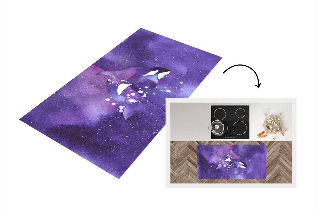 KitchenYeah Keukenloper - Loper keuken - Dieren - Orka - Aquarel - 120x60 cm - Keukenloper vinyl Multicolor