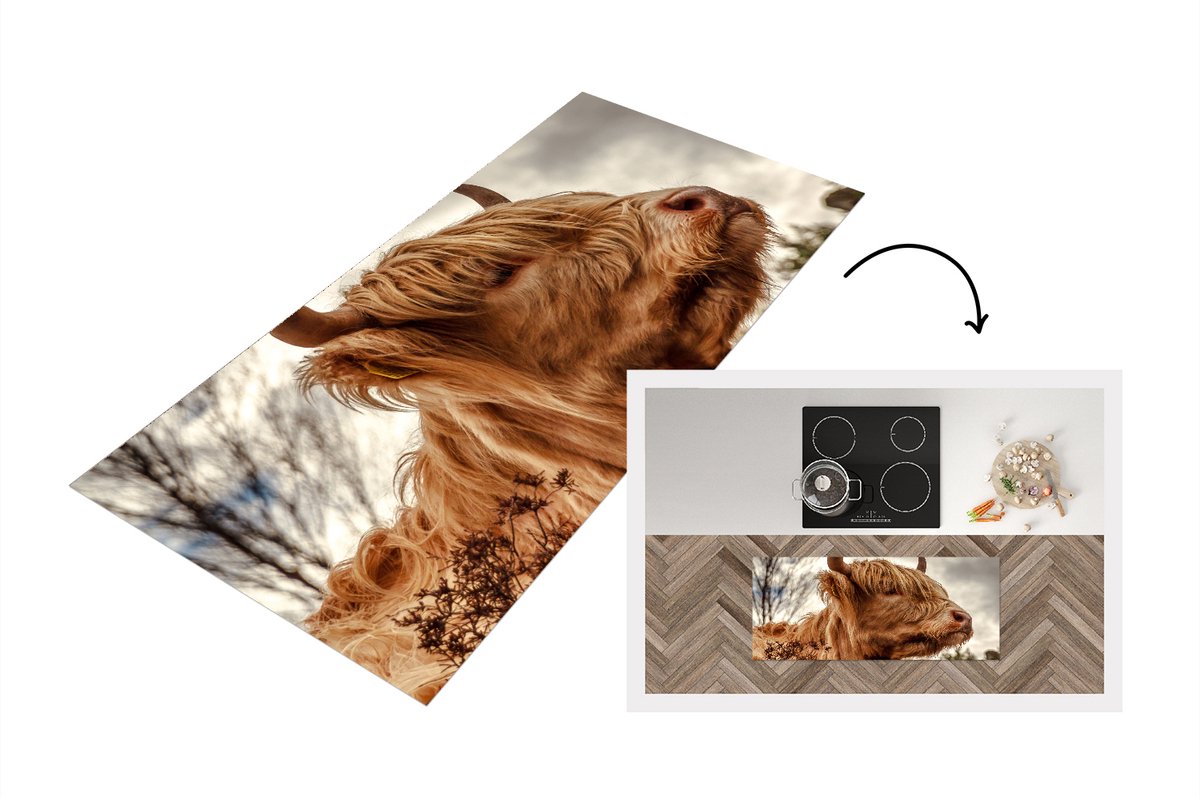 KitchenYeah Keukenloper - Loper keuken - Schotse Hooglander - Struik - Heide - 120x50 cm - Keukenloper vinyl Multicolor