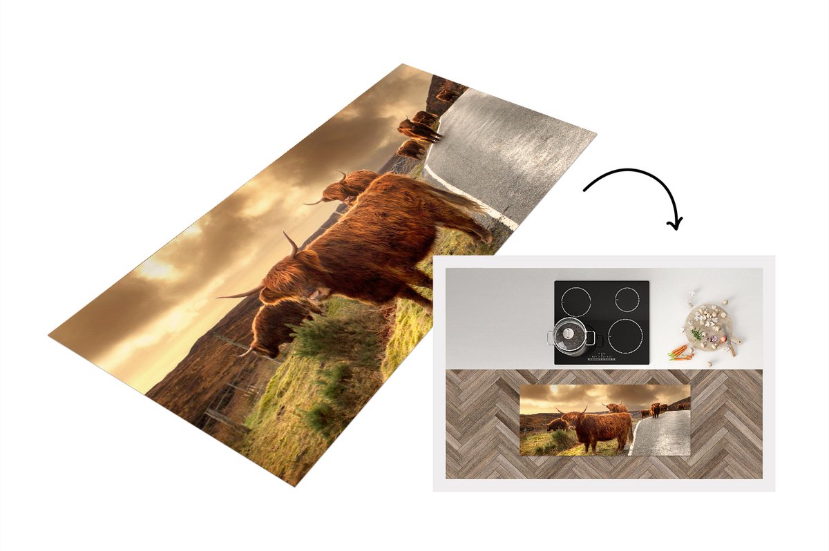 KitchenYeah Keukenloper - Loper keuken - Schotse hooglanders - Lucht - Weg - 120x50 cm - Keukenloper vinyl Multicolor