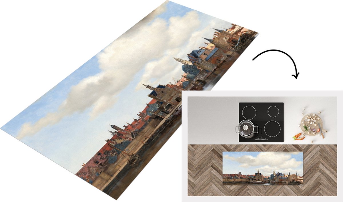 KitchenYeah Keukenloper - Loper keuken - Gezicht op Delft - Schilderij van Johannes Vermeer - 120x50 cm - Keukenloper vinyl Multicolor