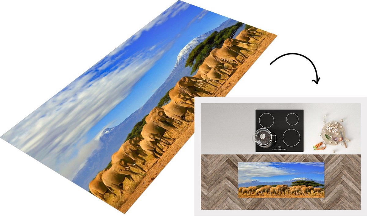 KitchenYeah Keukenloper - Loper keuken - Olifant - Berg - Tanzania - 120x50 cm - Keukenloper vinyl Multicolor