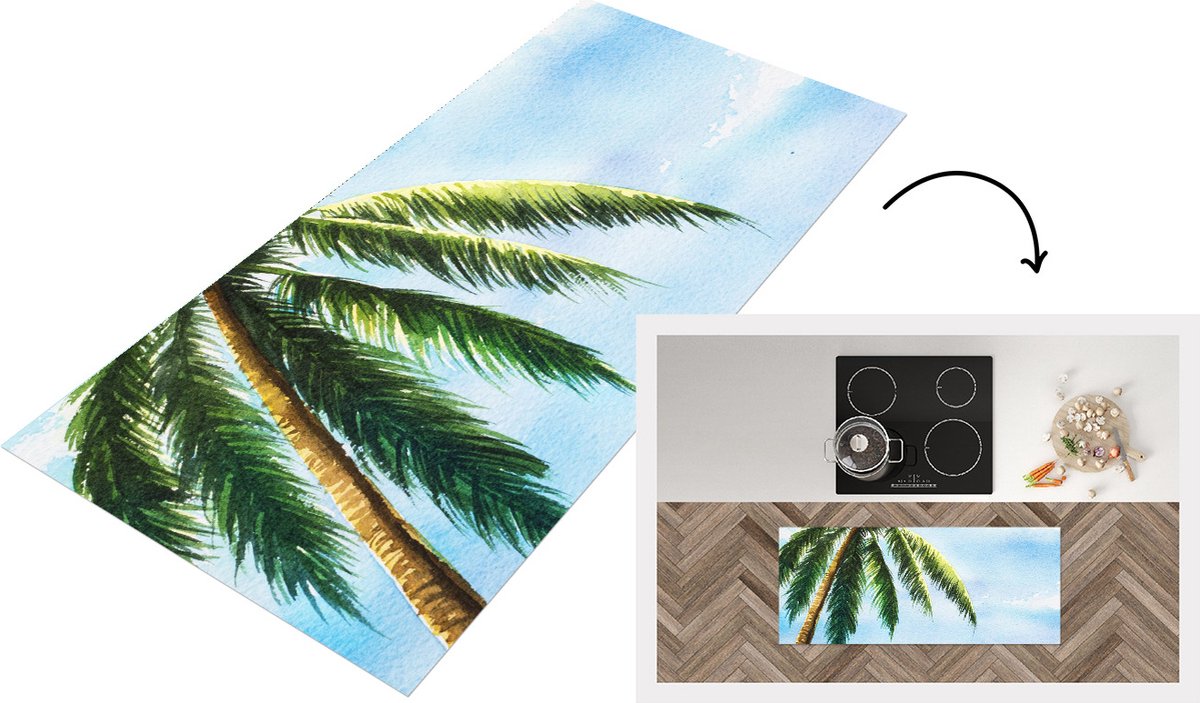 KitchenYeah Keukenloper - Loper keuken - Palmboom - Lucht - Waterverf - 120x50 cm - Keukenloper vinyl Multicolor