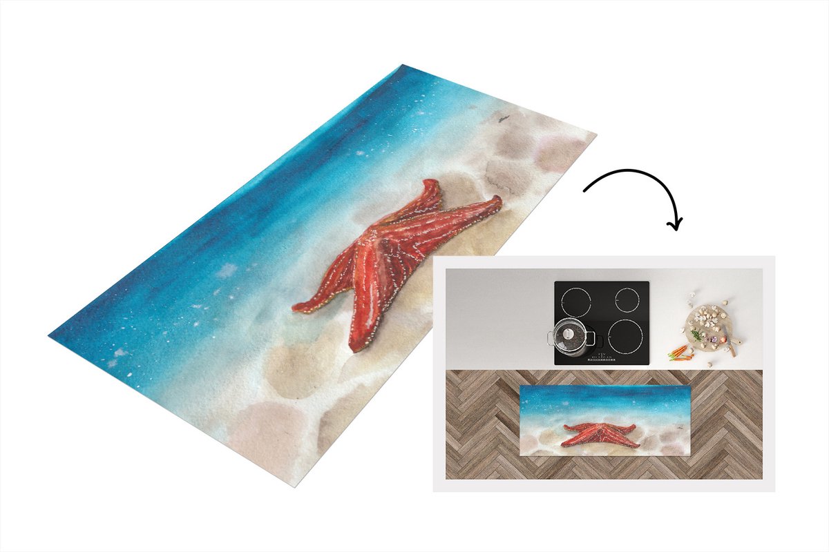 KitchenYeah Keukenloper - Loper keuken - Zeester - Waterverf - Zee - 120x50 cm - Keukenloper vinyl Multicolor