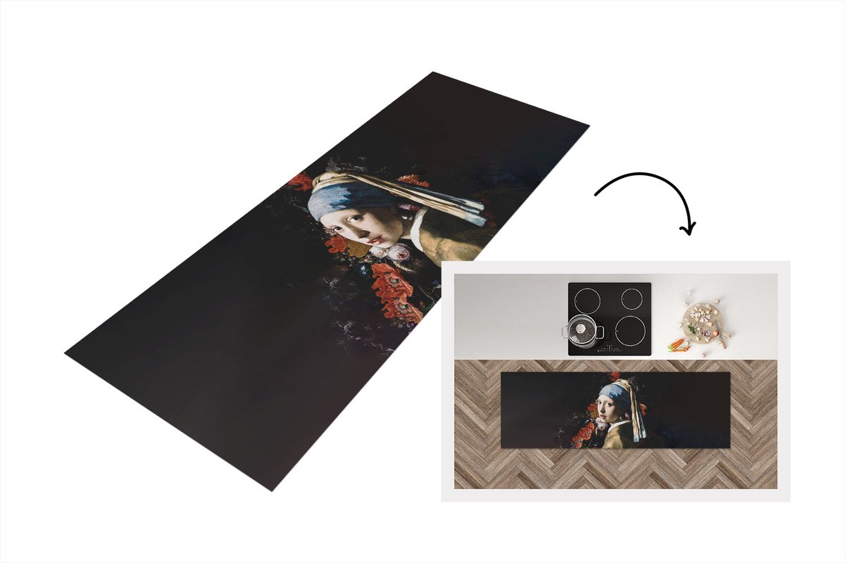 KitchenYeah Keukenloper - Loper keuken - Meisje met de parel - Vermeer - Bloemen - 150x50 cm - Keukenloper vinyl Multicolor