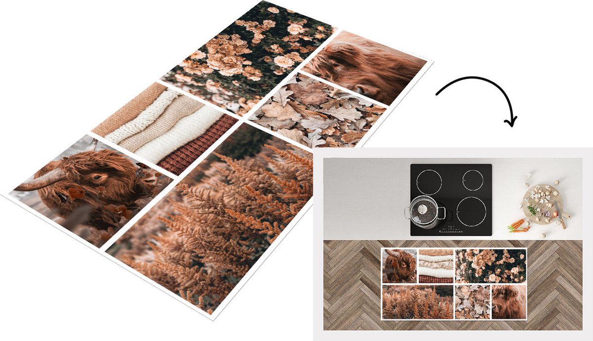 KitchenYeah Keukenloper - Loper keuken - Schotse hooglander - Collage - Herfst - 120x60 cm - Keukenloper vinyl Multicolor