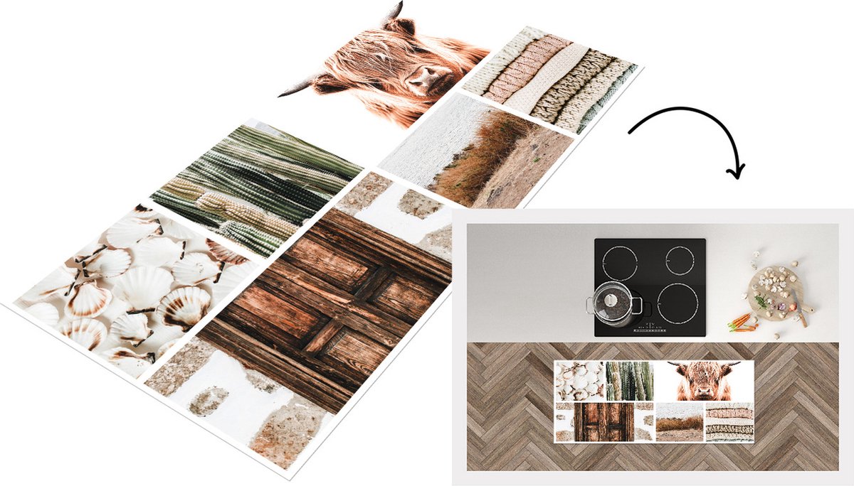 KitchenYeah Keukenloper - Loper keuken - Schotse hooglander - Collage - Beige - 120x50 cm - Keukenloper vinyl Multicolor