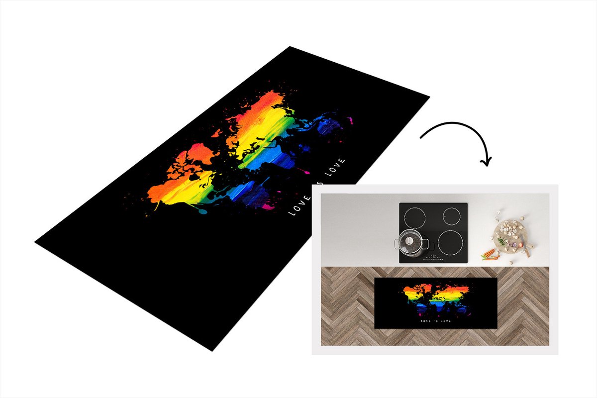 KitchenYeah Keukenloper - Loper keuken - Kaart - Pride vlag - Quote - Love - 120x50 cm - Keukenloper vinyl Multicolor