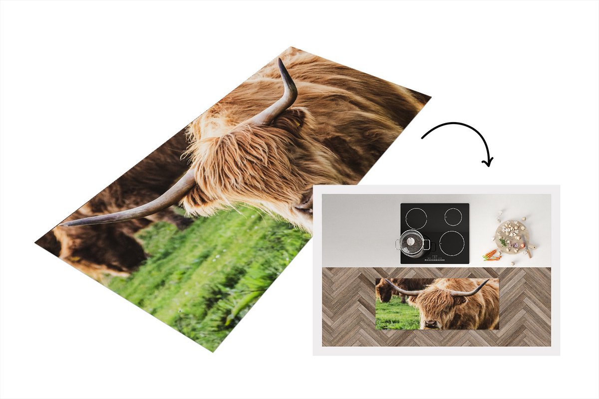 KitchenYeah Keukenloper - Loper keuken - Koe - Hooglander - Dieren - 120x50 cm - Keukenloper vinyl Multicolor
