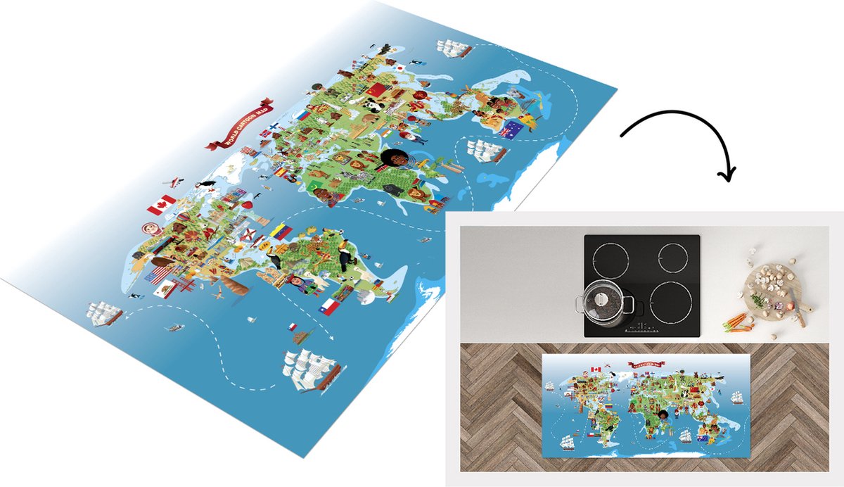 KitchenYeah Keukenloper - Loper keuken - Wereldkaart Kinderen - Dieren - Symbool - 120x60 cm - Keukenloper vinyl Multicolor