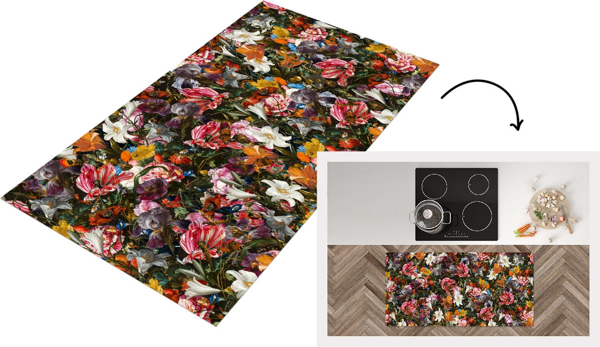 KitchenYeah Keukenloper - Loper keuken - Bloemen - Vlinders - Kunst - 120x60 cm - Keukenloper vinyl Multicolor