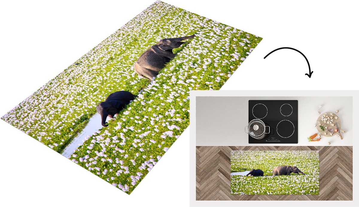KitchenYeah Keukenloper - Loper keuken - Olifanten wandelend door het waterveld met planten - 120x60 cm - Keukenloper vinyl Multicolor