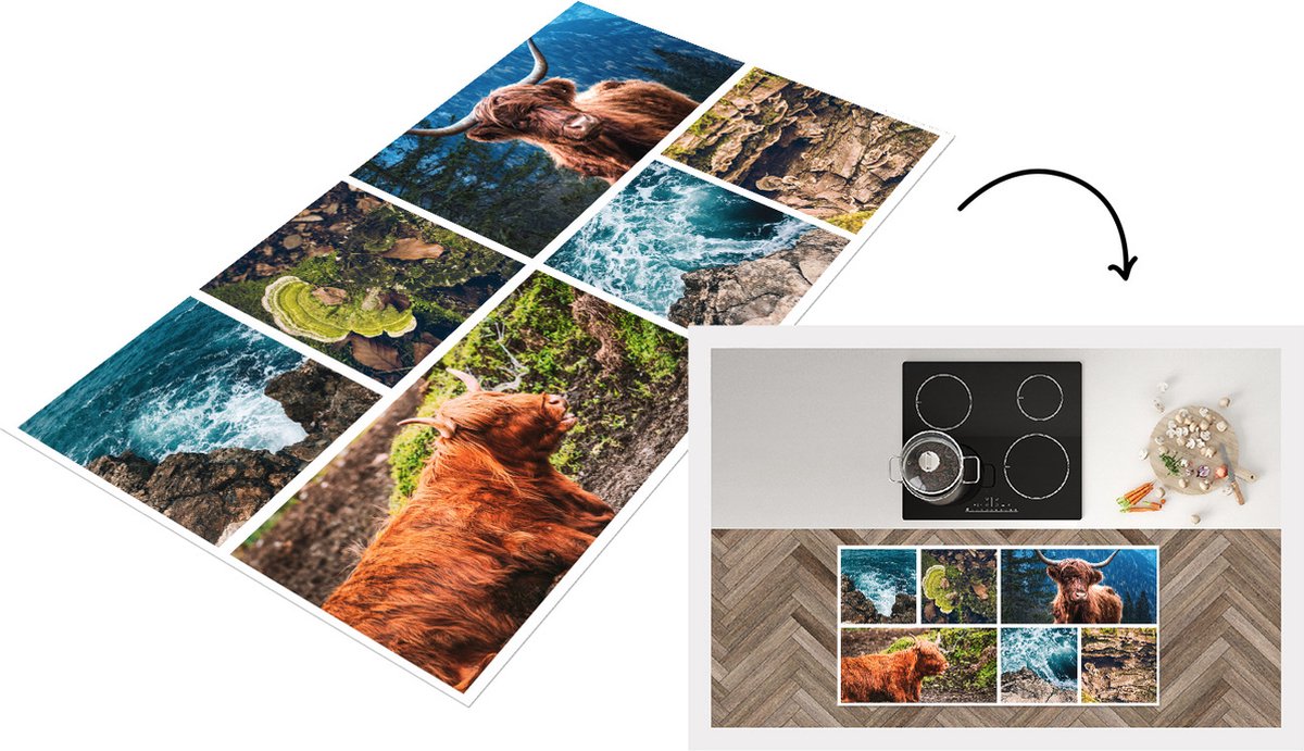 KitchenYeah Keukenloper - Loper keuken - Schotse hooglander - Collage - Zee - Berg - 120x60 cm - Keukenloper vinyl Multicolor