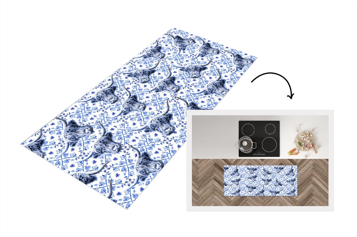 KitchenYeah Keukenloper - Loper keuken - Koe - Delfts blauw - Schotse hooglander - 120x50 cm - Keukenloper vinyl Multicolor