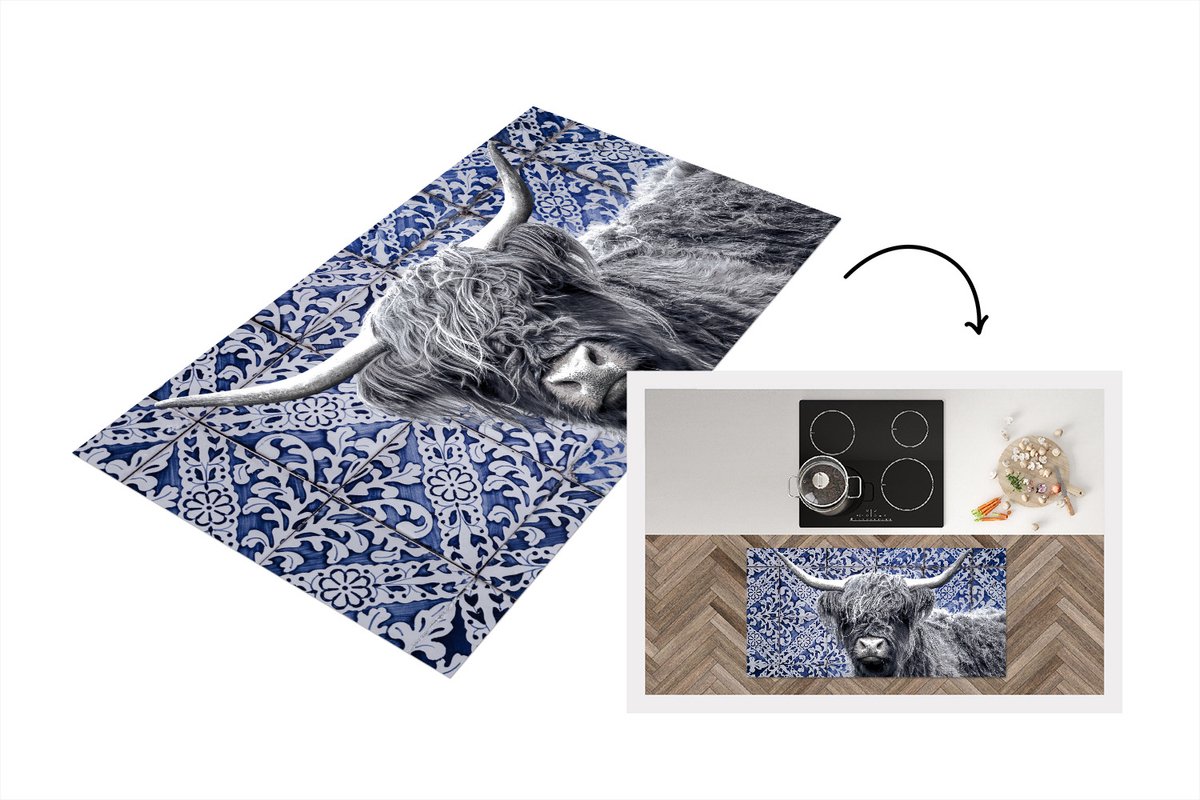 KitchenYeah Keukenloper - Loper keuken - Delfts blauw - Schotse hooglander - Zwart - Wit - 120x60 cm - Keukenloper vinyl Multicolor