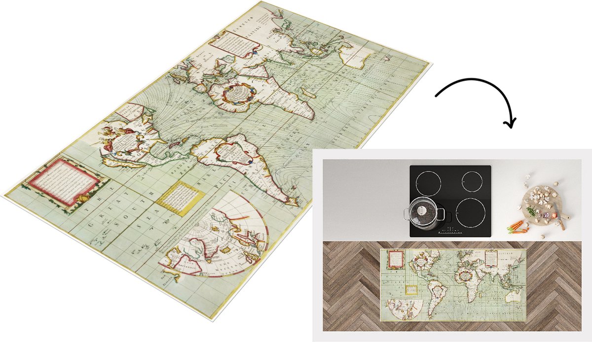 KitchenYeah Keukenloper - Loper keuken - Wereldkaart - Vintage - Antiek - 120x60 cm - Keukenloper vinyl Multicolor