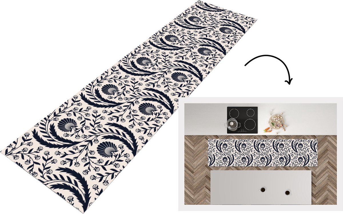 KitchenYeah Keukenloper - Loper keuken - Patroon - Bloem - Zwart - 200x50 cm - Keukenloper vinyl Multicolor