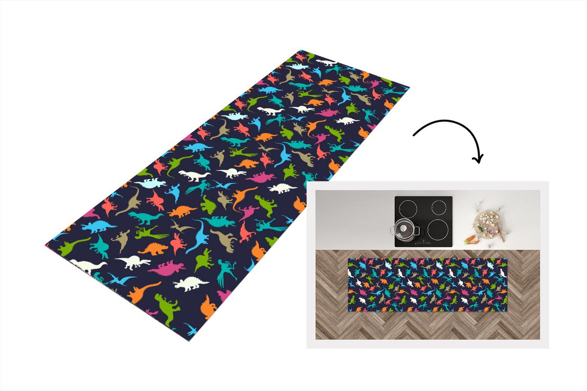 KitchenYeah Keukenloper - Loper keuken - Patronen - Dino - Kleuren - 180x60 cm - Keukenloper vinyl Multicolor