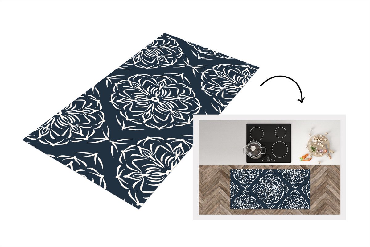 KitchenYeah Keukenloper - Loper keuken - Patroon - Bloem - Donkerblauw - 120x60 cm - Keukenloper vinyl Multicolor