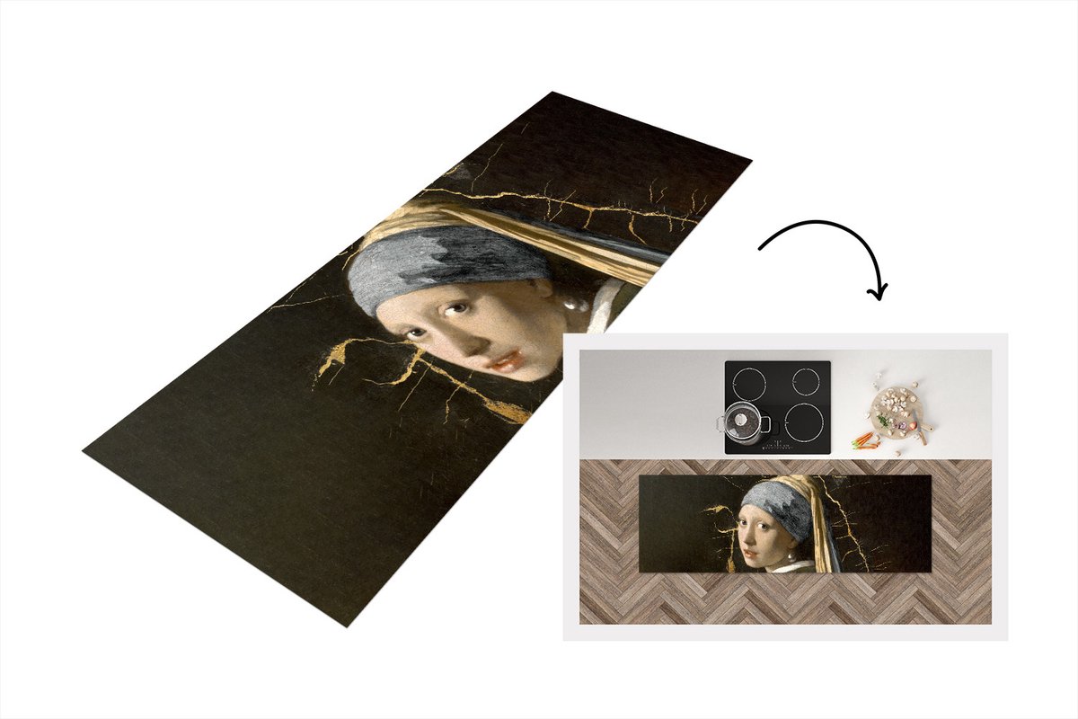 KitchenYeah Keukenloper - Loper keuken - Meisje met de parel - Marmer - Goud - 150x50 cm - Keukenloper vinyl Multicolor