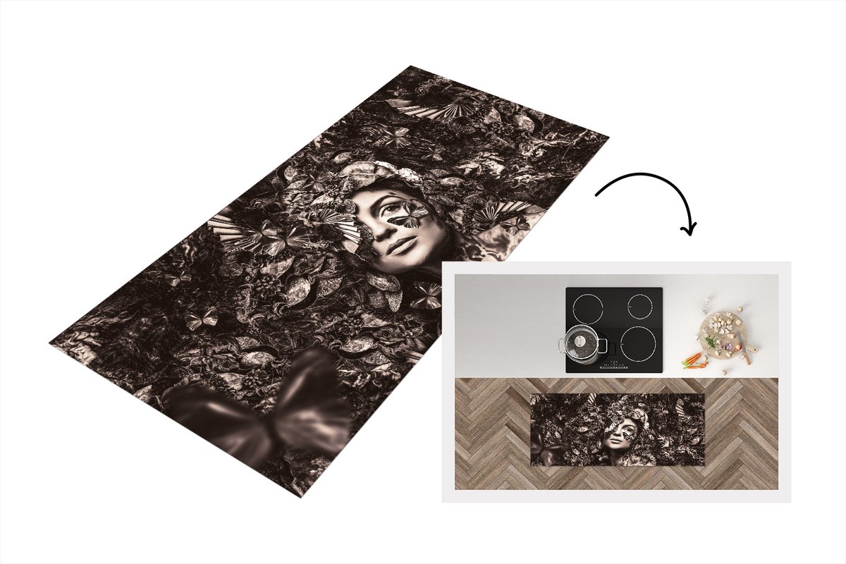 KitchenYeah Keukenloper - Loper keuken - Vlinders - Sepia - Vrouw - Keukenloper vinyl Multicolor
